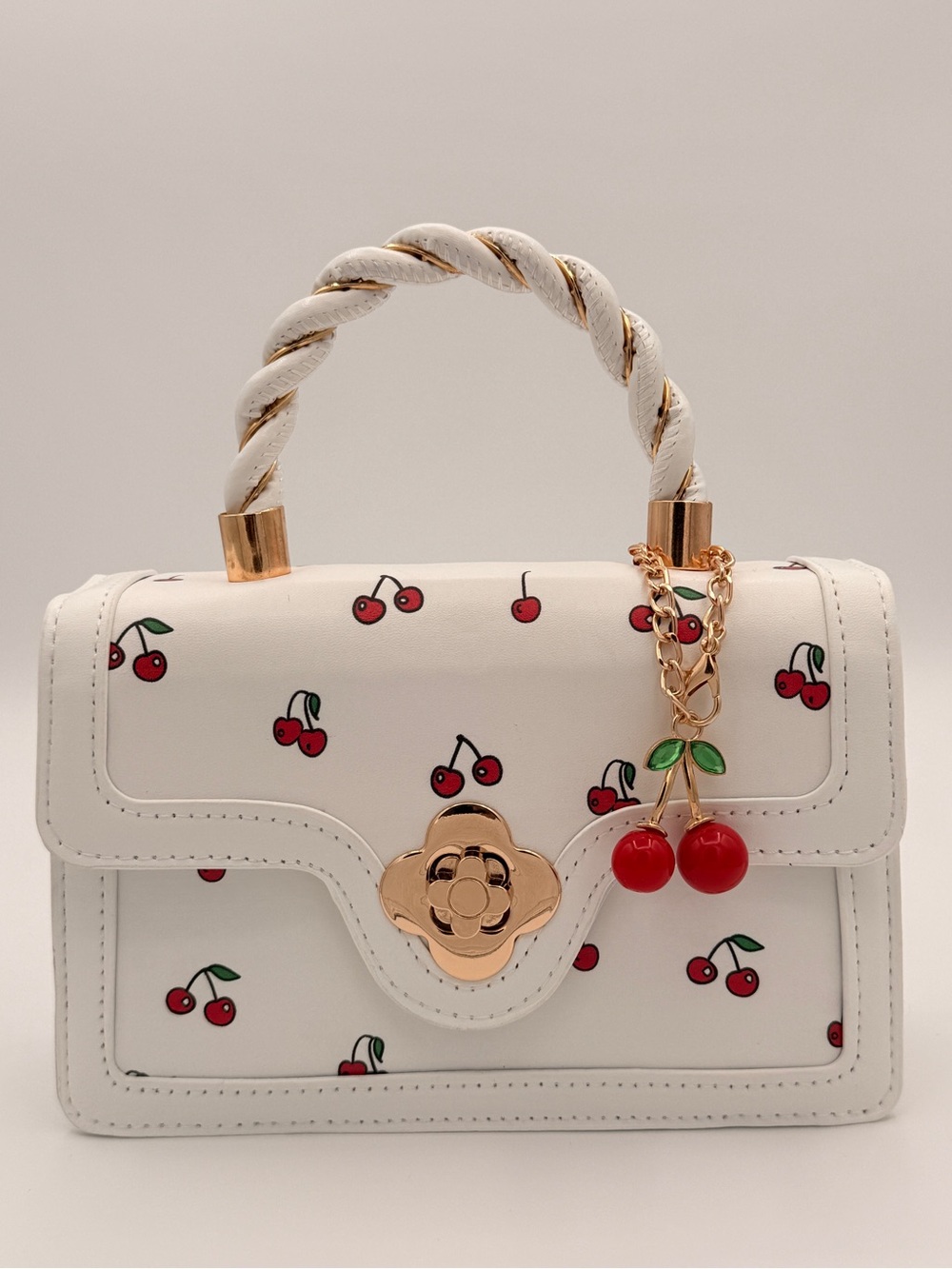 White Cherry Print Top-Handle Bag Crossbody with Gold Cherry Charm NEW